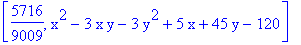 [5716/9009, x^2-3*x*y-3*y^2+5*x+45*y-120]